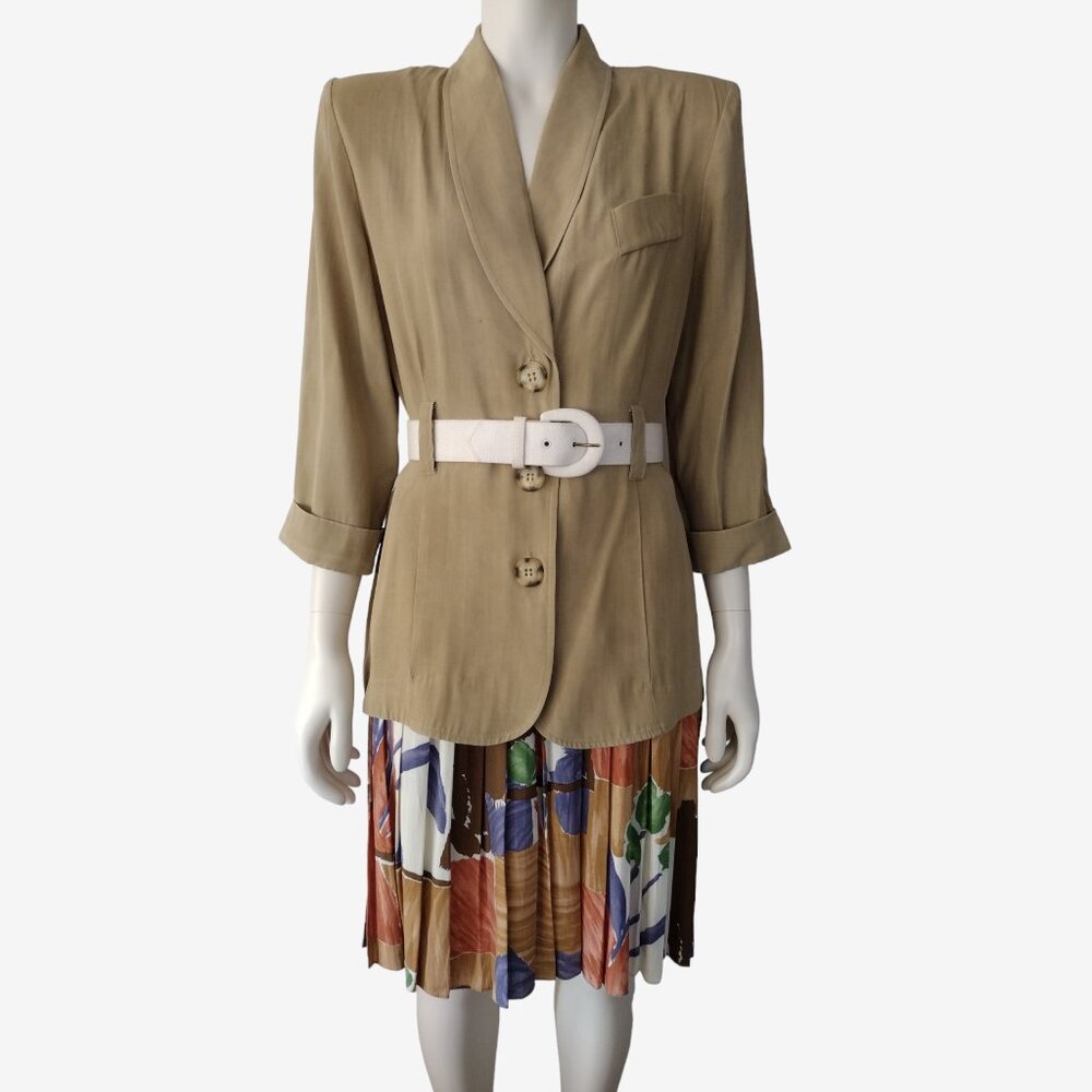 Vintage 1990s 3 Piece Suit Set Tan Jacket Pleated Skirt and Belt Set